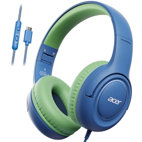 Acer USB-C Kids Headphones - 85/94dB Safe Volume Limited, Foldable Wired Over Ear Headphones for Travel, Toddler Headphones for School, Travel, iPad, Tablet, Blue Green, HK03C