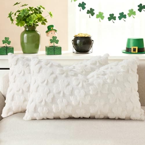 decorUhome St. Patrick’s Day Shamrock Pillow Covers 12x20 Inch Set of 2, Soft Plush Faux Wool Cream White Throw Pillow Covers, Farmhouse Spring Holiday Decor for Sofa Living Room - Image 1