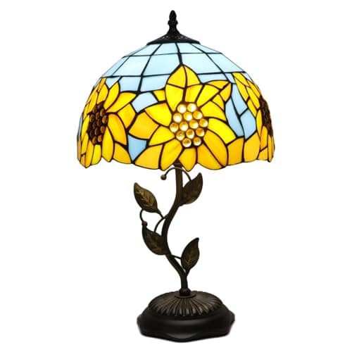 FILIUTF Stained Glass Table Lamp, Adjustable 3 Color Temperature, Sunflower Style Lampshade & Metal Leaf Base Desk Reading Light 12X12X19 Inches Decor for Bedroom Living Room Office - Thumbnail 6