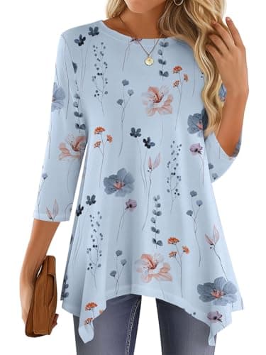 JUSTFASHIONNOW 3/4 Length Sleeve Tunic Tops for Women Loose Fit Dressy Casual Plus Size Blouses Shirts Asymmetrical Hem Floral Top（Sky Blue，X-Large - Thumbnail 2