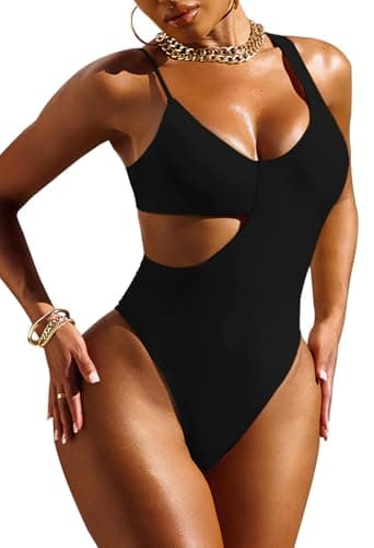 Pink Queen Women's One Piece Cut Out Swimsuit High Cut Tummy Control Bathing Suit Swimwear Black M - Image 1