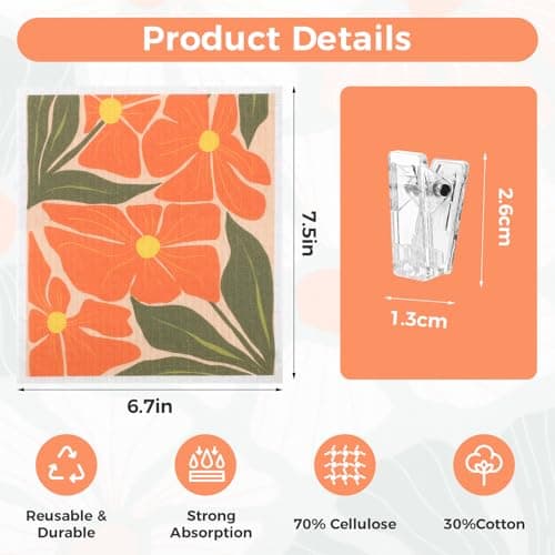 Needbrock 6 Pack Swedish Dishcloths for Kitchen,Abstract Floral Dish Towels with Clips, Reusable Paper Towels Washable Absorbent Cellulose Sponge Cloths No Odor for Cleaning Home Kitchen - Thumbnail 2