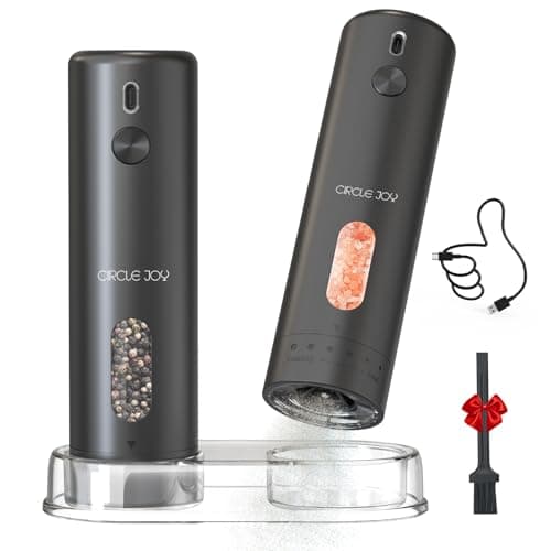 CIRCLE JOY Rechargeable Electric Salt and Pepper Grinder Set with Base, Automatic Pepper Mills with 110ml Container, External Adjustable Coarseness, White Led Light and One-Handed Operation, Black - Image 1