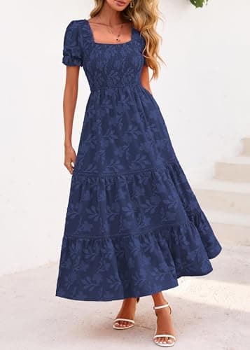 Lazysmile Women's Summer Boho Floral Maxi Dress Short Sleeve Square Neck Smocked Ruffle Elegant Wedding Guest Dress Navy - Thumbnail 5