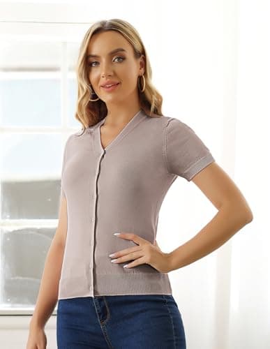 GRACE KARIN Summer Cardigan Sweater for Women Lightweight Cardigan Sweater V-Neck Short Sleeve Cropped Sweater(Khaki,2XL) - Thumbnail 5