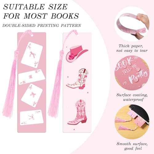 12PCS Pink Bow Bookmarks, Paper Bookmark with Tassels, Pink Bookmarks for Book Lovers Gifts, Double-Sided Colorful Cute Book Marks for Women, Book Accessories, Classroom Reading Supplies - Thumbnail 2