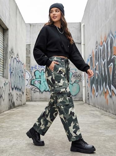 Men's Camo Drawstring Waist Cargo Pants Camouflage Cargo Work Pants - Thumbnail 2