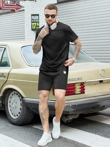 JEMLDL Men's Black 2 Piece Loungewear Set Short Sleeve T-Shirt & Shorts Summer Outfits Casual Comfortable Clothes for Vacation Travel L - Thumbnail 4