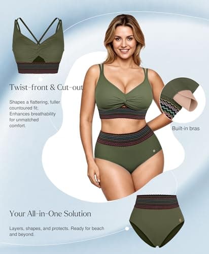 Popilush High Waisted Bikini Sets for Women Tummy Control Swimsuits Shapewear Two Piece Boho Bathing Suit 4 Way Wear Beach and Pool Size XS Color Green - Thumbnail 3