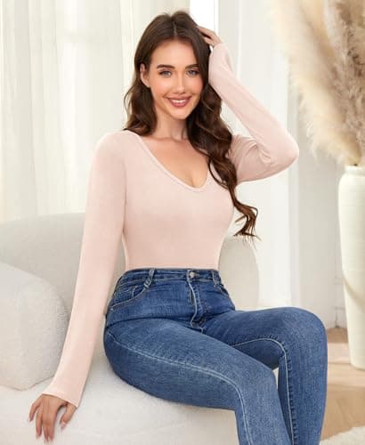 Ganado Long Sleeve Shirts for Women V Neck Thermal Shirt Layering Undershirts Plain Fitted Basic Tops (Beige, X-Large) - Thumbnail 3