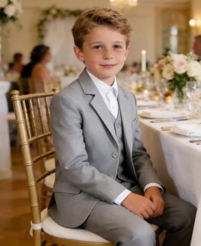 Boys Suit Size 8 Light Grey Kids Wedding Outfit for Toddler Formal Suit Set Easter Oufit Teenage Homecoming with Dress Shirt and Tie - Thumbnail 4
