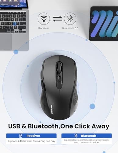 TECKNET Wireless Mouse for Laptop, 2.4G Ergonomic Optical Mouse Silent Bluetooth Mouse(BT5.0) 4000DPI Adjust, Computer Portable PC Quiet Mice with USB-A Receiver & 6 Buttons for Mac, 18 Months Battery - Thumbnail 2