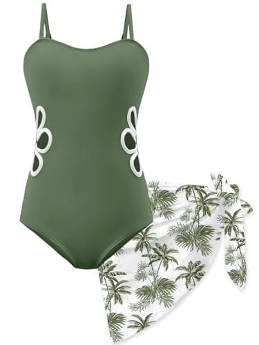 AMAWMW Girls Swimsuit Cut Out One Piece Bathing Suit with Tropical Print Cover Up Skirt Adjustable Straps Girls' Swimwear Olive Green