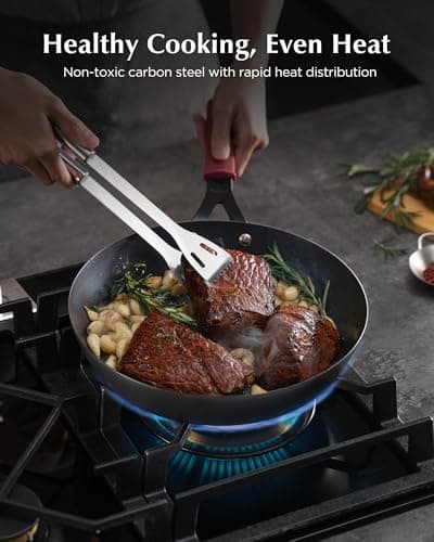 Yonida Carbon Steel Pan, 12 Inch Nonstick Frying Pan Skillet, Pre-Seasoned Carbon Steel Cookware with Removable Silicone Handle Holder, Indoor/Outdoor, Induction & Oven Safe - Thumbnail 3