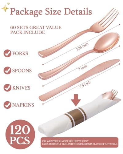 Supernal 240Pcs Rose Gold Plastic Silverware Set with Napkins - Pre Rolled Disposable Cutlery (60 Forks, 60 Knives, 60 Spoons) - Heavy Duty Utensils for Wedding, Bridal Shower & Elegant Parties - Thumbnail 6