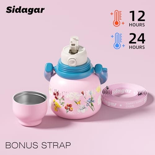 Sidagar 22 oz Water Bottle with Straw and Bowl, Unique Wide Mouth Insulated Stainless Steel Tumbler, Travel Water Cup Flask for Women, Easy Carry - Floral Pink - Thumbnail 4