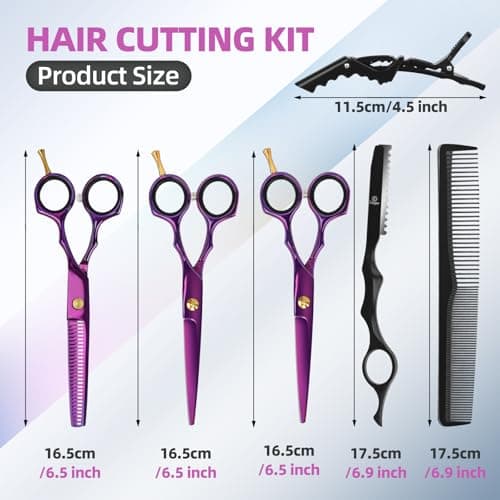 ETHTXE 9Pcs Professional Hair Scissors Set, Stainless Steel Barber Supplies – Includes Straight & Thinning Shears, Hair Thinning Knife – Multi-Use Haircut Tools for Home, Salon, and Barbers (Purple) - Thumbnail 2