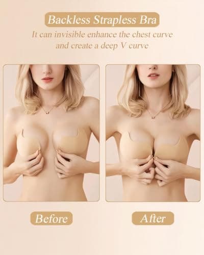 KIETLA Sticky Bra Strapless Adhesive Invisible Push Up Lift Bras for Women Backless Dress 2 Pair Reusable with Nipple Covers Black and Beige - Thumbnail 4