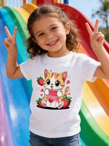 Funnycokid Little Girls Shirt 4T 5T Toddler White Tees Kitten Animal Children Cute T-Shirt Graphic Short Sleeve Clothes Tops - Thumbnail 3