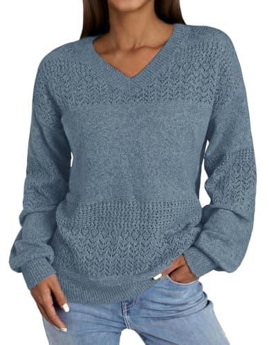 NORACORA Women's V Neck Fall Sweaters Crochet Soft Lightweight Ribbed Knit Loose Pullover Sweater Long Sleeve Tops 2025 Trendy Outfits Grey Blue - Image 1