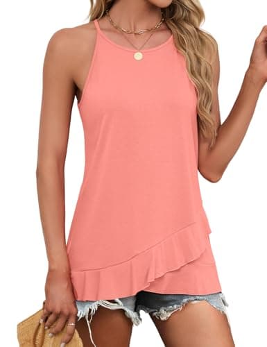 JUSTFASHIONNOW Womens Halter Tank Top Dressy Casual High Neck Tank Camisole Tops Flowy Ruffle Hem Sleeveless Summer Blouses Beach Vacation Clothes (Coral,Large) - Thumbnail 4