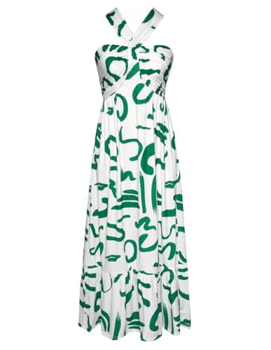 GRACE KARIN Women's 2026 Summer Floral Maxi Dress Criss Cross Halterneck Sleeveless Flowy A Line Boho Beach Vacation Casual Dress White Green L - Image 1