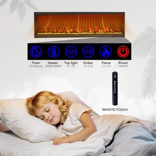 Kukoofyer 40" Electric Fireplace, Ultra-Narrow Bezel Recessed & Wall Mounted Fireplace Heater, Adjustable Color Flame, Linear Fireplace, Timer, Touch Screen, Remote Control, Log & Crystal, 750/1500W - Thumbnail 6