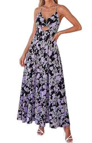 BTFBM Summer Dresses for Women 2026 Spring Floral Spaghetti Strap Smocked Cutout Maxi Dress Resort Beach Vacation Outfit(Floral Black Purple, Large) - Thumbnail 4