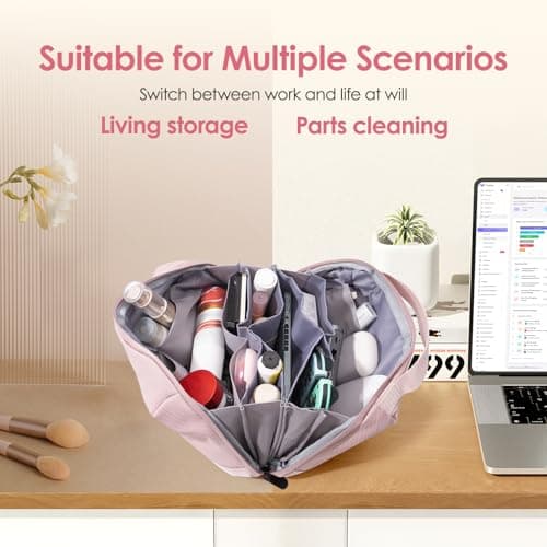LENTION Premium Electronics Organizer Case with Handle, Large Multi-Compartment Travel Tech Bag for Tablet, Chargers, Cables, AirPods & Toiletries, Waterproof Travel Accessory Organizer (M372 Pink) - Thumbnail 6