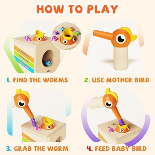 5-in-1 Wooden Activity Cube, Toddlers Montessori Toys for Baby Boys Girls, Baby Activity Center for 2+ Year Old, Woodpecker Worm Toy Magnetic Bird Feeding Game, Educational Color & Shape Sorting Toy - Thumbnail 5