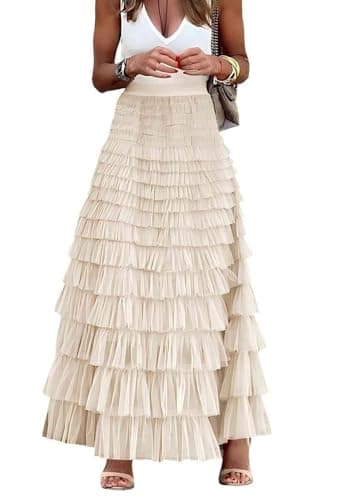 Mincib Womens Long Tulle Skirt A Line Ruffle Tiered Layered Skirts High Waisted Flowy Fairy Maxi Skirts (Beige,S) - Image 1