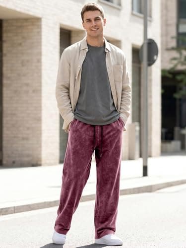 JMIERR Men's Wide Leg Pants Casual Trousers Acid Washed Baggy Cotton Hip Hop Drawstring Streetwear Sweatpants with Pockets, 2XL, Burgundy - Thumbnail 5