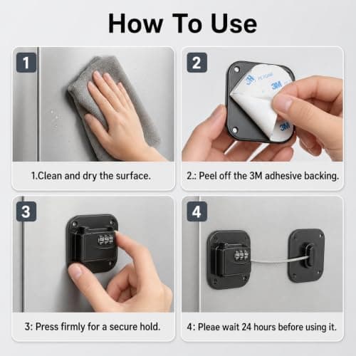 Fridge Lock, Heavy Duty Refrigerator Lock with No Drill Installation, Cabinet Lock for Drawers and Freezer Door, Adhesive Cabinet Safety Latch - Thumbnail 5