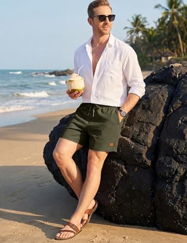 TACVASEN Men's Lounge 5 inch Summer Beach Shorts Elastic Waist Drawstring Lightweight Waffle Vacation Shorts Army Green - Thumbnail 3