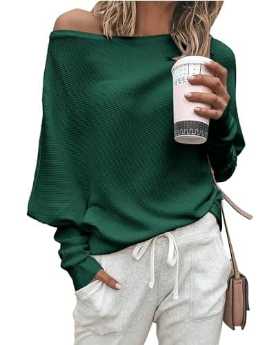 Zenlonr Women's Fall Sweaters 2026 Casual Long Batwing Sleeve Loose Off Shoulder Knit Pullovers Jumper Tops(Dark Green,Large) - Image 1