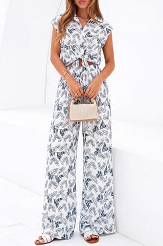 PRETTYGARDEN 2 Piece Sets For Women Summer Striped Button Down Tie Front Crop Tops Wide Leg Pants Floral Lounge Set 2026(Flower Navy,XX-Large) - Thumbnail 3