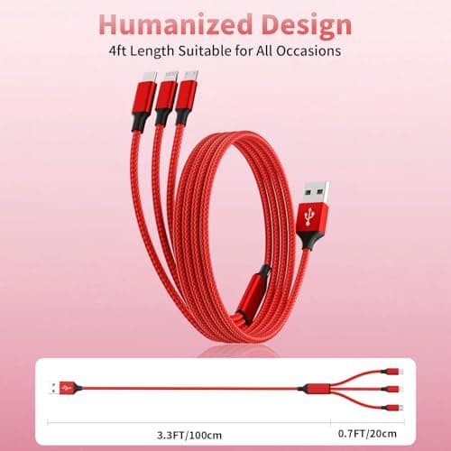 MPATIBY Multi Charging Cable, (2 Pack 4FT) Multi USB Charger Cable 3 in 1 Charging Nylon Braided Fast Charging Cord with Type-C, Micro USB, IP Port for Most Phones/iPhones/Tablets, Red - Thumbnail 5