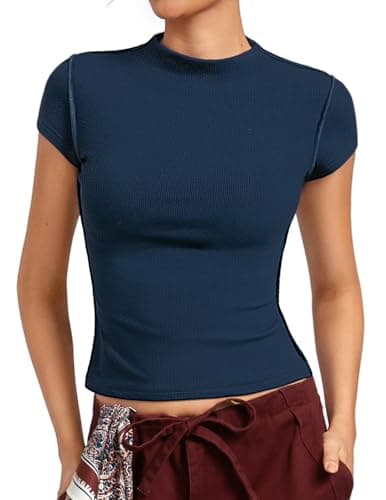 Womens Cap Sleeve Tops, Mock Neck Raw Hem Summer Shirts, Ribbed Y2K Going Out Crop Top, Trendy Fitted Tshirts(Navy, XL)