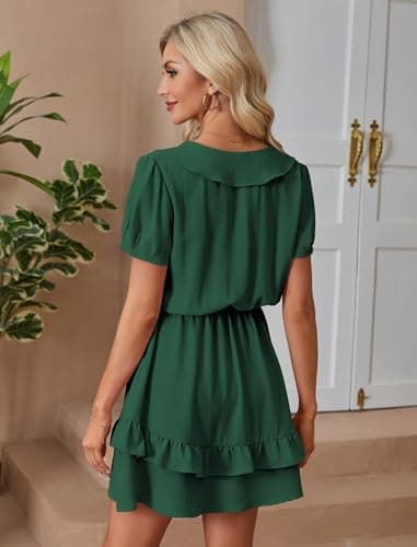 Angashion Womens Tie Front Mini Dress: V Neck Long Sleeve Layer Ruffle Hem Dress with Pockets 2491Dark Dreen X-Large - Thumbnail 6