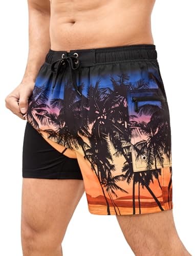 SILKWORLD Swim Trunks Men Quick Dry Bathing Suits 2 in 1 Swimming Shorts Beach Swimsuit with Zipper Pocket and Compression Liner, Gradient- Black Orange Tree, Large