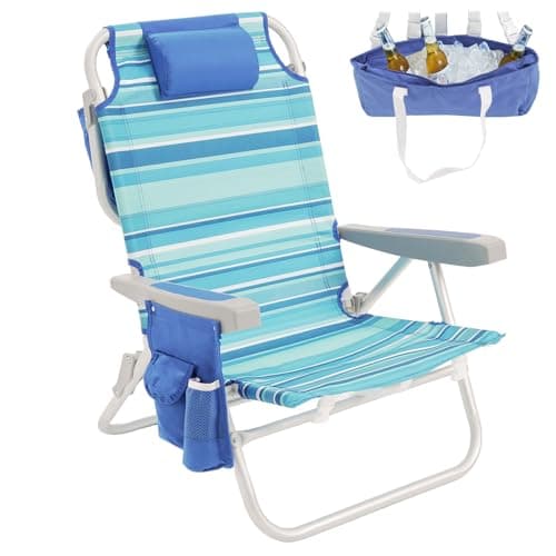 SUNNYFEEL Low Beach Chair 5 Position Lay Flat, Portable Folding Backpack Beach Chairs Heavy Duty with Cooler Bag, Cup Holder for Outdoor/Lawn/Picnic/Fishing, Foldable Camping Chair