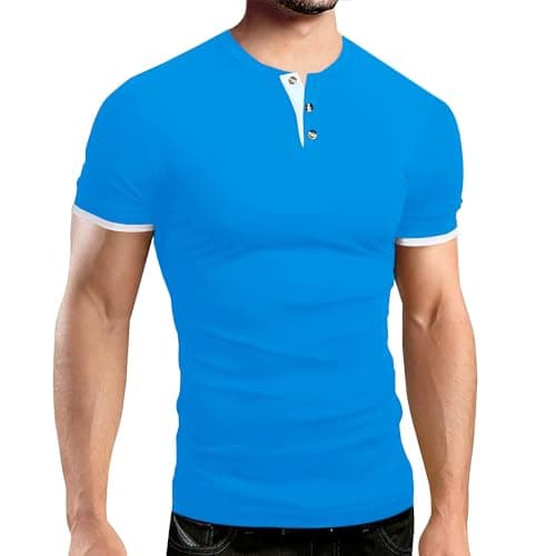 Gnvviwl Men's Casual Stretchy Henley Shirts Short Sleeve Fitted T Shirt Soft Stylish Tee Tops Blue - Image 1