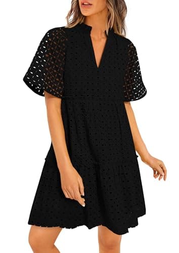 PRETTYGARDEN Eyelet Dresses for Women 2026 Summer Short Sleeve V Neck Hollow Out Ruffle A Line Boho Beach Vacation Mini Dress (Black,Medium) - Image 1