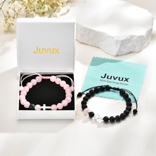 Couple Bracelet Cross Jewelry Gifts - S925 Sterling Silver 2Pcs Rose Quartz Black Agate Matching Unique Bead Adjustable Rope Romantic for Boyfriend Girlfriend Christmas Valentine Anniversary Birthday - Thumbnail 6