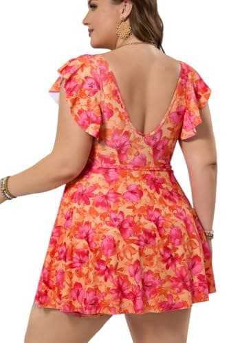 COCOPEAR Plus Size Swimsuit for Women Mesh Swim Dress Ruffle Swim Suits Tummy Control V Neck Bathing Suit Skirt - Thumbnail 4