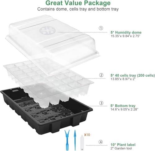 MIXC Seedling Trays Seed Starter Tray, 5-Pack Mini Propagator Plant Grow Kit Greenhouse with Humidity Vented Domes and Base for Seeds' Starting (40 Cells Per Tray, Total 200 Cells), Black - Thumbnail 6