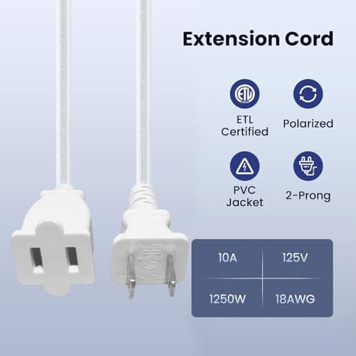2 Pack 15 FT Two Prong Extension Cord 18 AWG 10A/125V US AC Male-Female Flat Thin Slim Polarized Single Plug Appliance Cord for TV Christmas Indoor Electric Power Extension Cable White 15 Feet 4.5M - Thumbnail 2