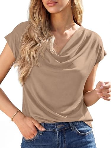 BTFBM Cowl Neck Tops for Women 2026 Summer Womens Tops Dressy Casual Business Blouses Short Sleeve Shirts Spring Outfits(Khaki, Large) - Image 1