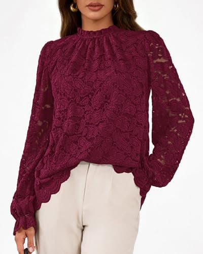 KIRUNDO Blouses for Women Dressy Casual Lace Long Sleeve Tops Mock Neck Ruffle Shirts 2026 Spring Fall Fashion Clothing(Burgundy, Large) - Thumbnail 4