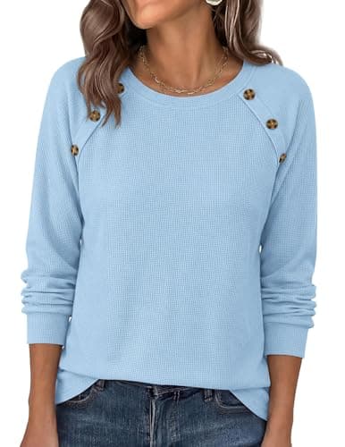 PRETTYGARDEN Fall Long Sleeve Waffle Knit Shirts for Women, Light Blue,L - Image 1